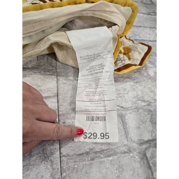 Pier One Beige Brown Yellow Floral Boho Embroidered Pillowcase Zippered 12x20" - Picture 3 of 9